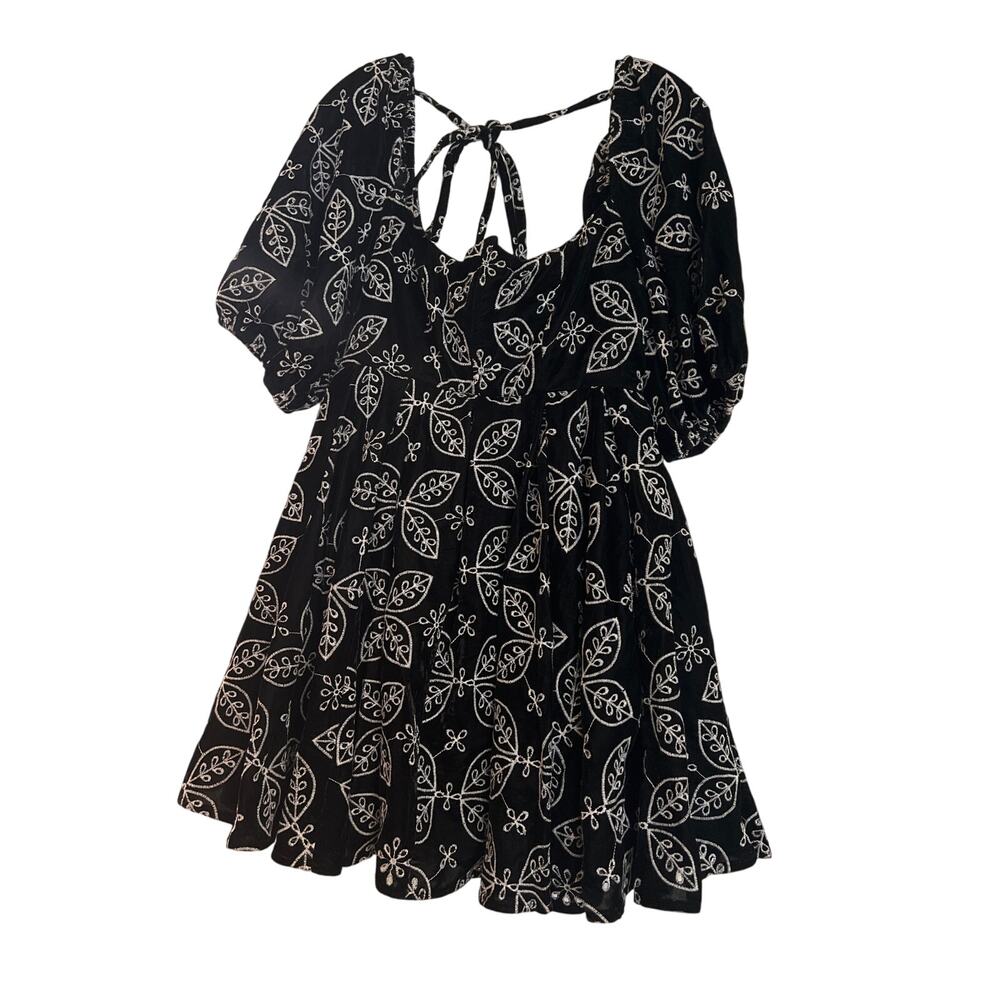 ASOS DESIGN Black Velvet Eyelet Contrast Embroidered Puff Sleeve Mini Dress 6